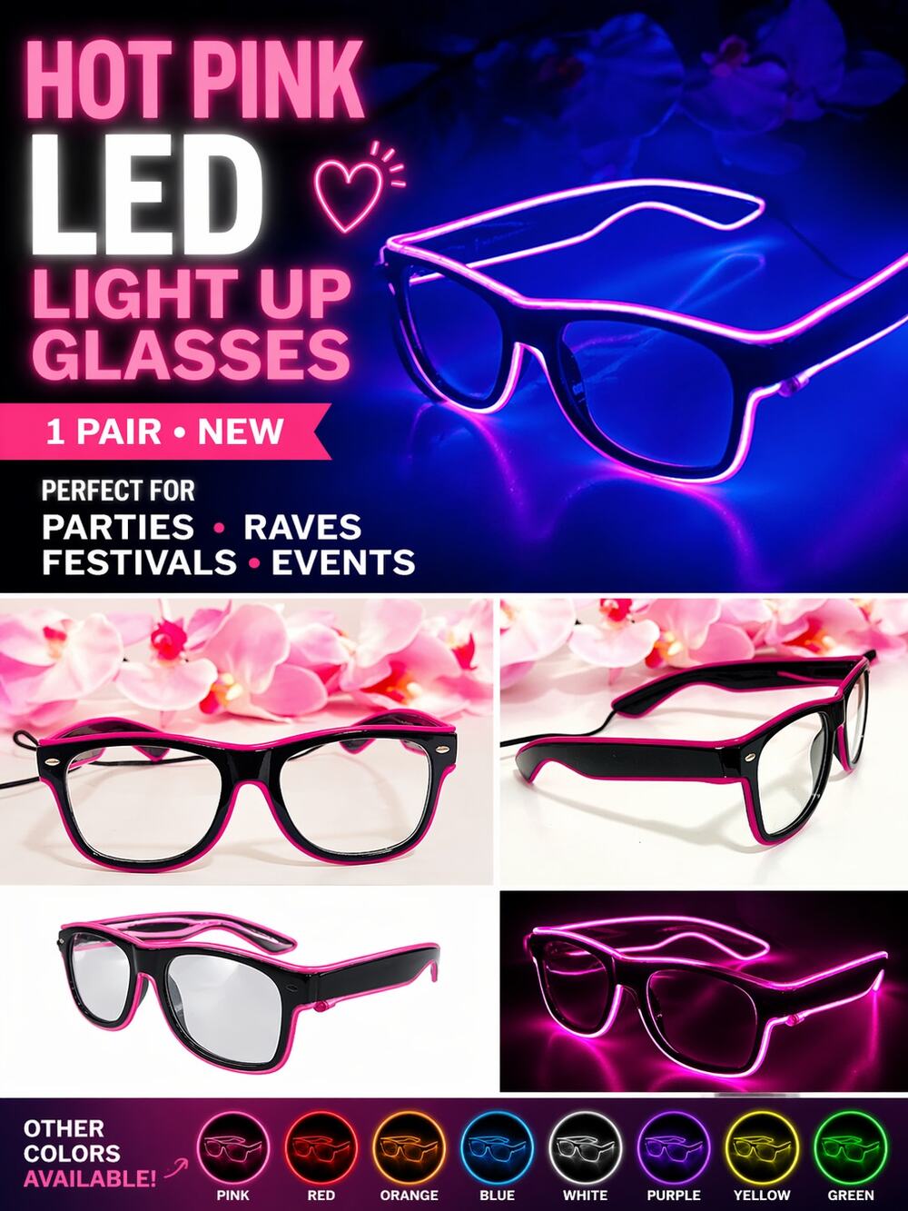 Hot Pink LED Light Up Glasses Rave Festival Party NEW